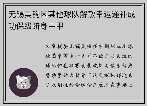 无锡吴钩因其他球队解散幸运递补成功保级跻身中甲
